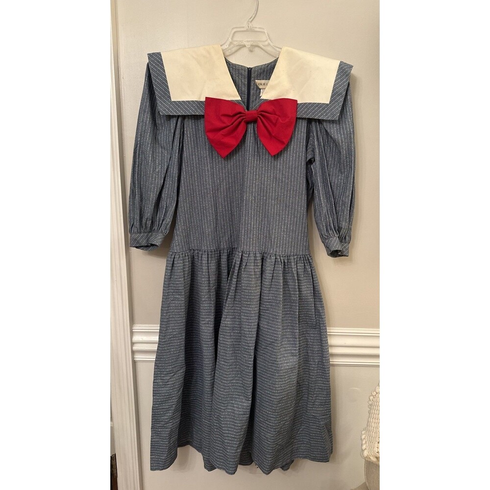 Leslie Lucks Vintage 80's Dress Size 14 Blue Sailor Collar RED BOW shoulder Pads